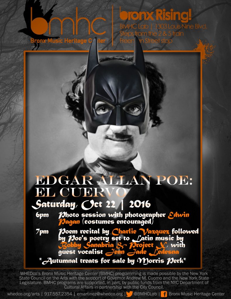 Flyer for October Bronx Rising, Edgar Allan Poe, at Bronx Music Heritage Center lab.